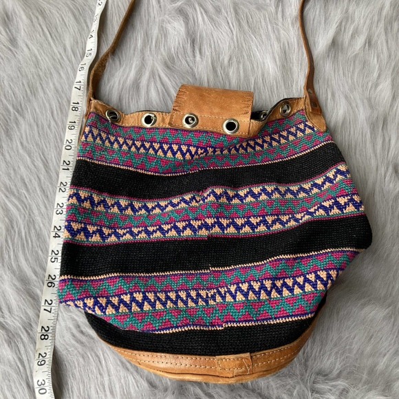 Boho chic bohemian fabric leather hobo slouchy shoulder tote bag black colorful - Picture 9 of 12